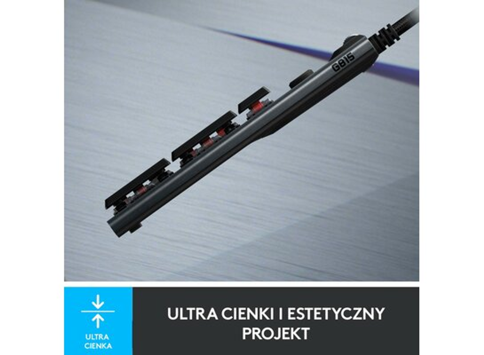 Close-up of a black keyboard component with red switches and a cable, with text 'Ultra cienki i estetyczny projekt'.