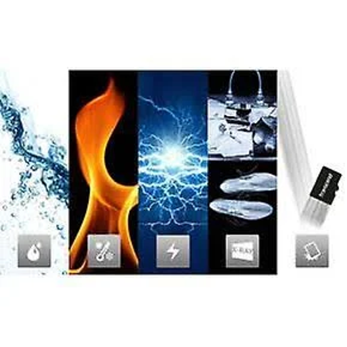 Ein zusammengesetztes Bild mit Wasser, Feuer, Elektrizität und anderen Symbolen auf weißem Hintergrund.