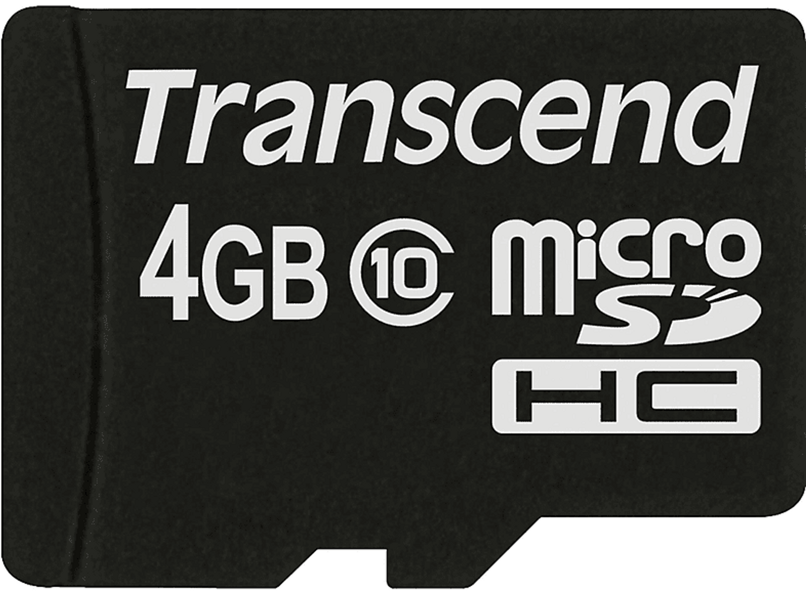 Schwarze Transcend 4GB micro SDHC-Karte mit weißem Text.