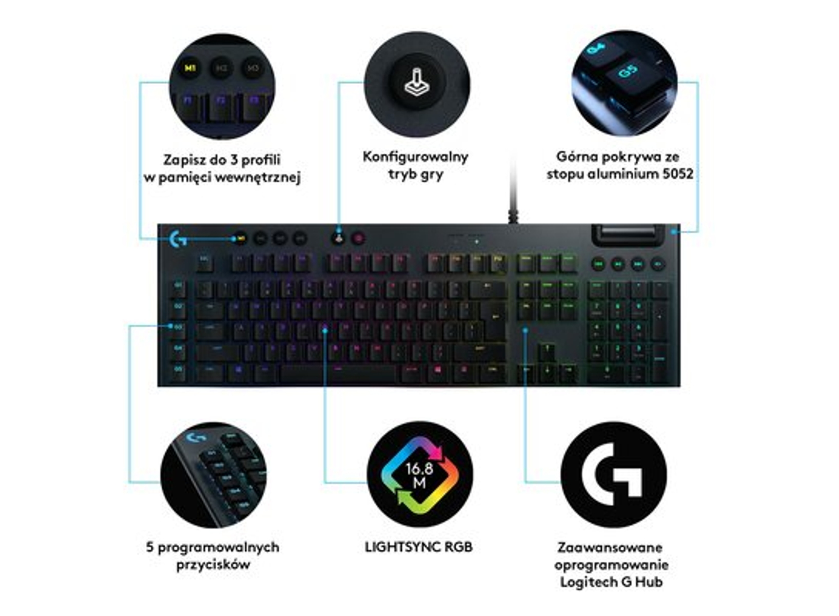Black gaming keyboard with illuminated keys and features. White background.