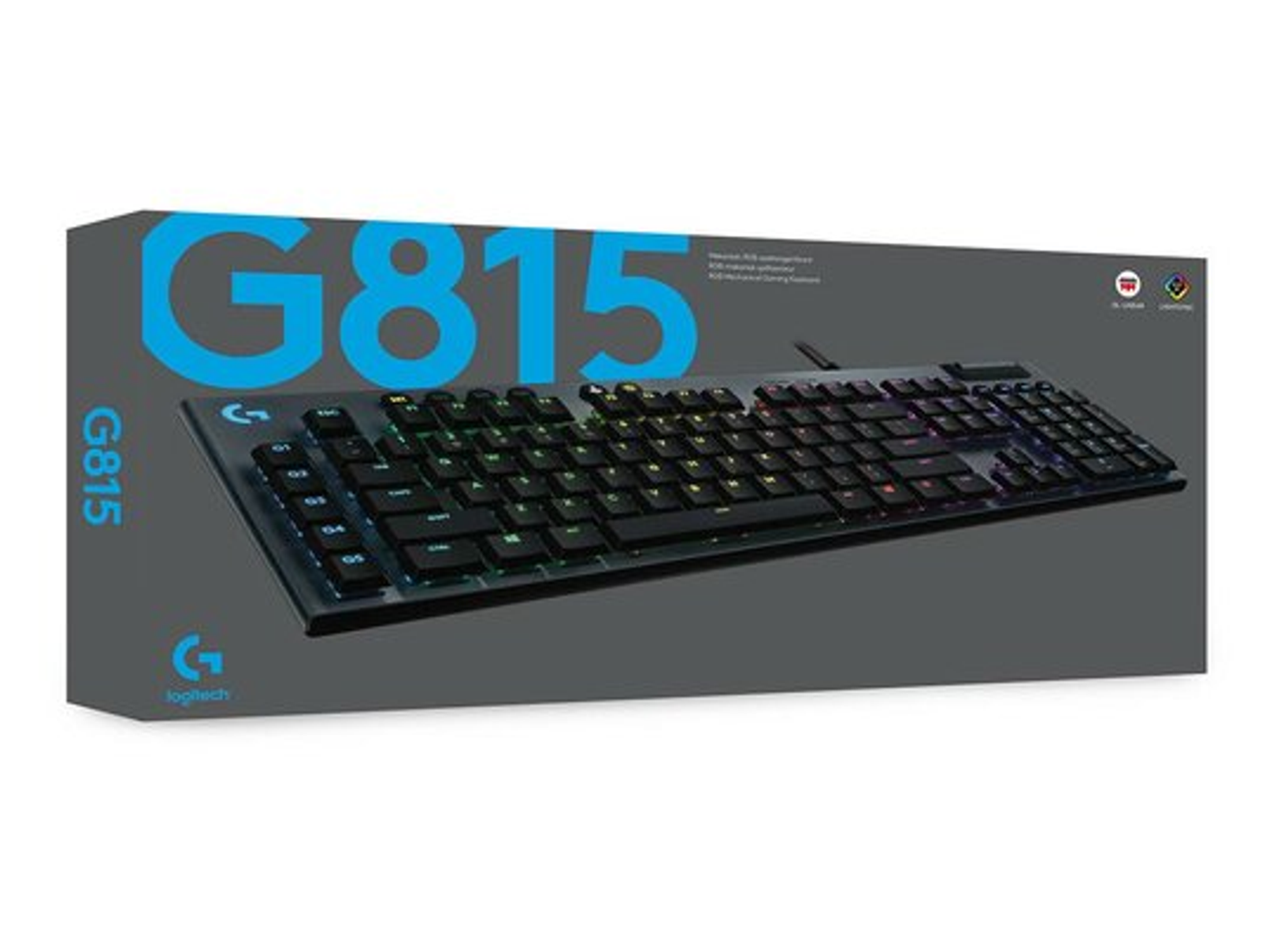 Keyboard in a box, with G815 text, and a black keyboard with RGB lighting visible.