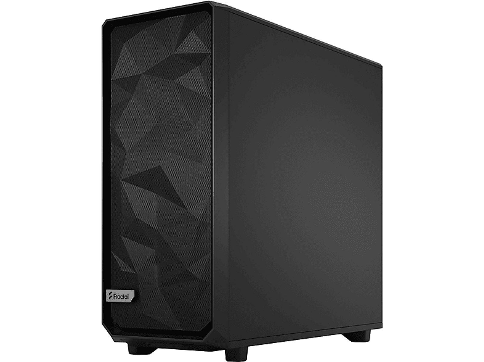 Czarna obudowa komputera z geometrycznym panelem przednim i logo Fractal Design.