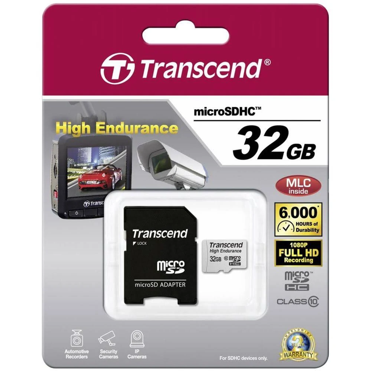 Transcend microSD-Kartenverpackung mit 32GB Karte, Adapter und Garantie.