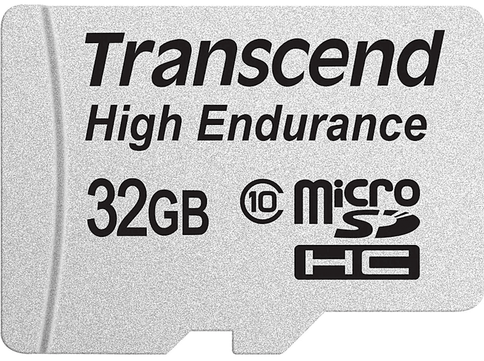 Silberne 32GB Transcend Micro SD-Karte. Der Text lautet 'High Endurance' und 'micro SDHC'.