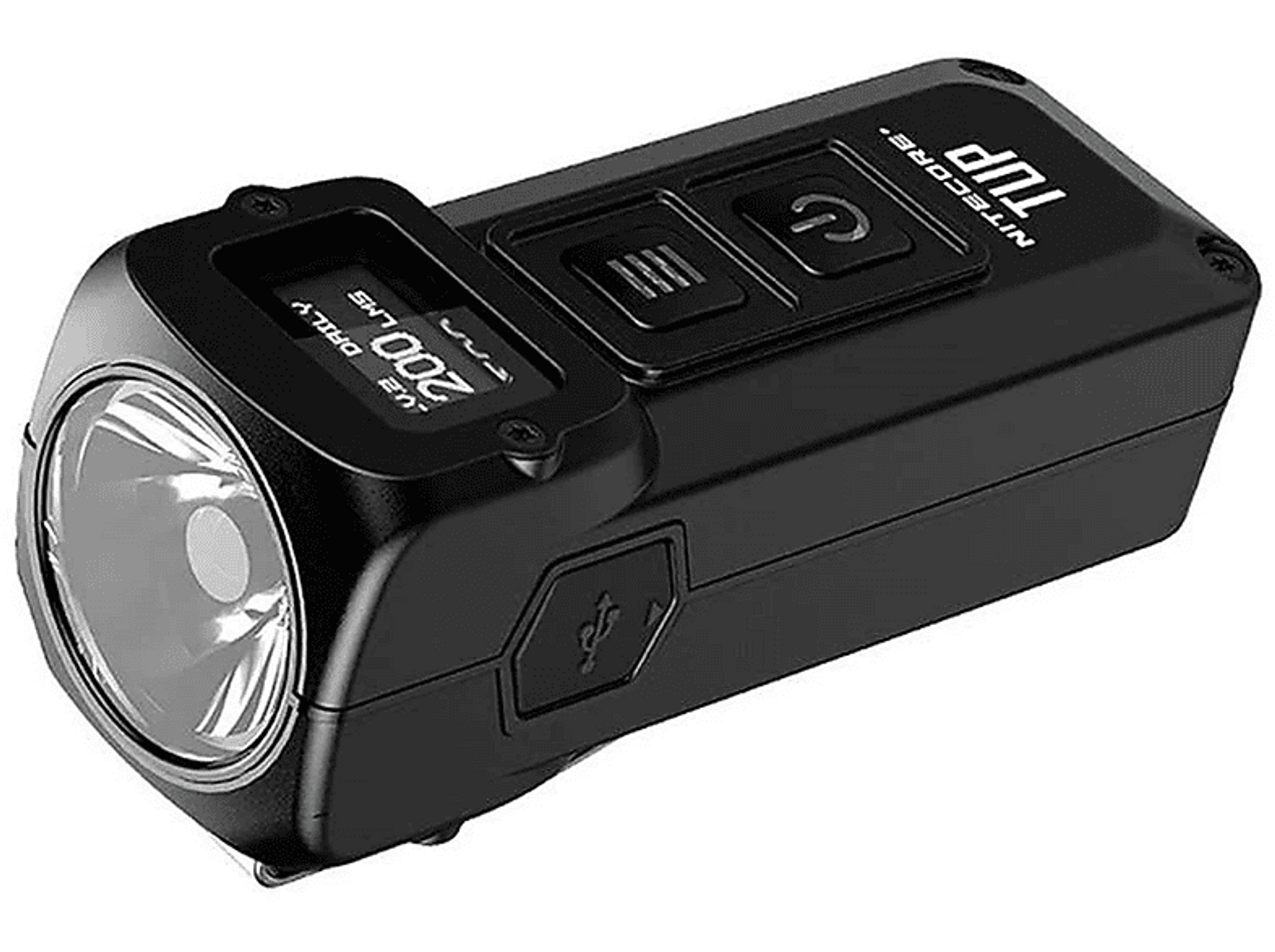 Schwarze Nitecore TUP-Taschenlampe. Sie verfügt über einen Bildschirm, eine Ein-/Aus-Taste und einen USB-Anschluss.
