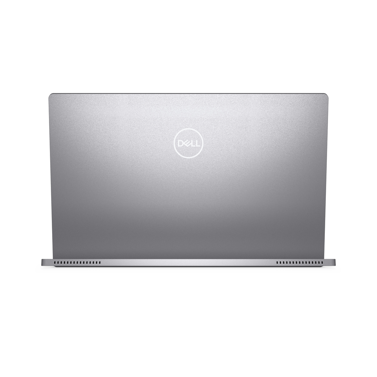 Widok z góry na srebrny laptop. Logo Dell jest wyśrodkowane na pokrywie. Tylna krawędź ma otwory wentylacyjne.