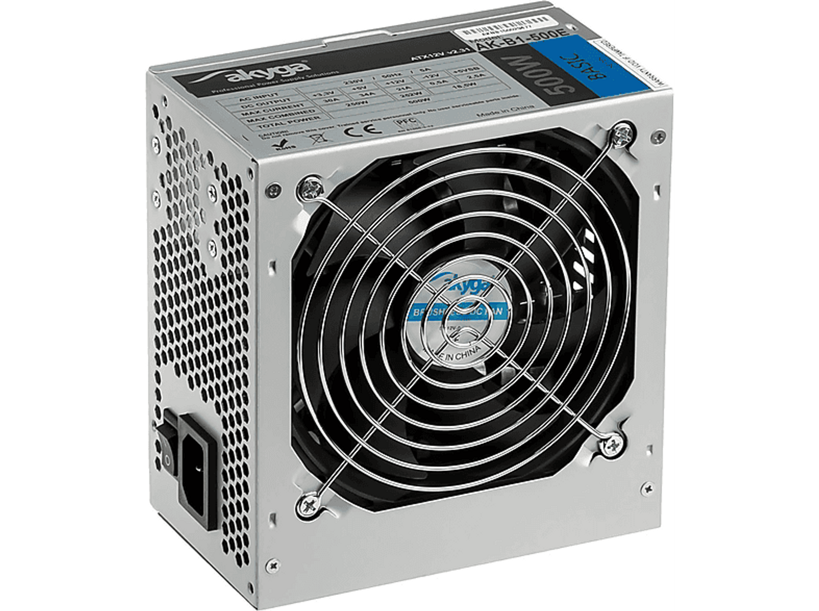 Srebrny zasilacz komputerowy z wentylatorem, drucianą kratką i etykietą z napisem 500W.