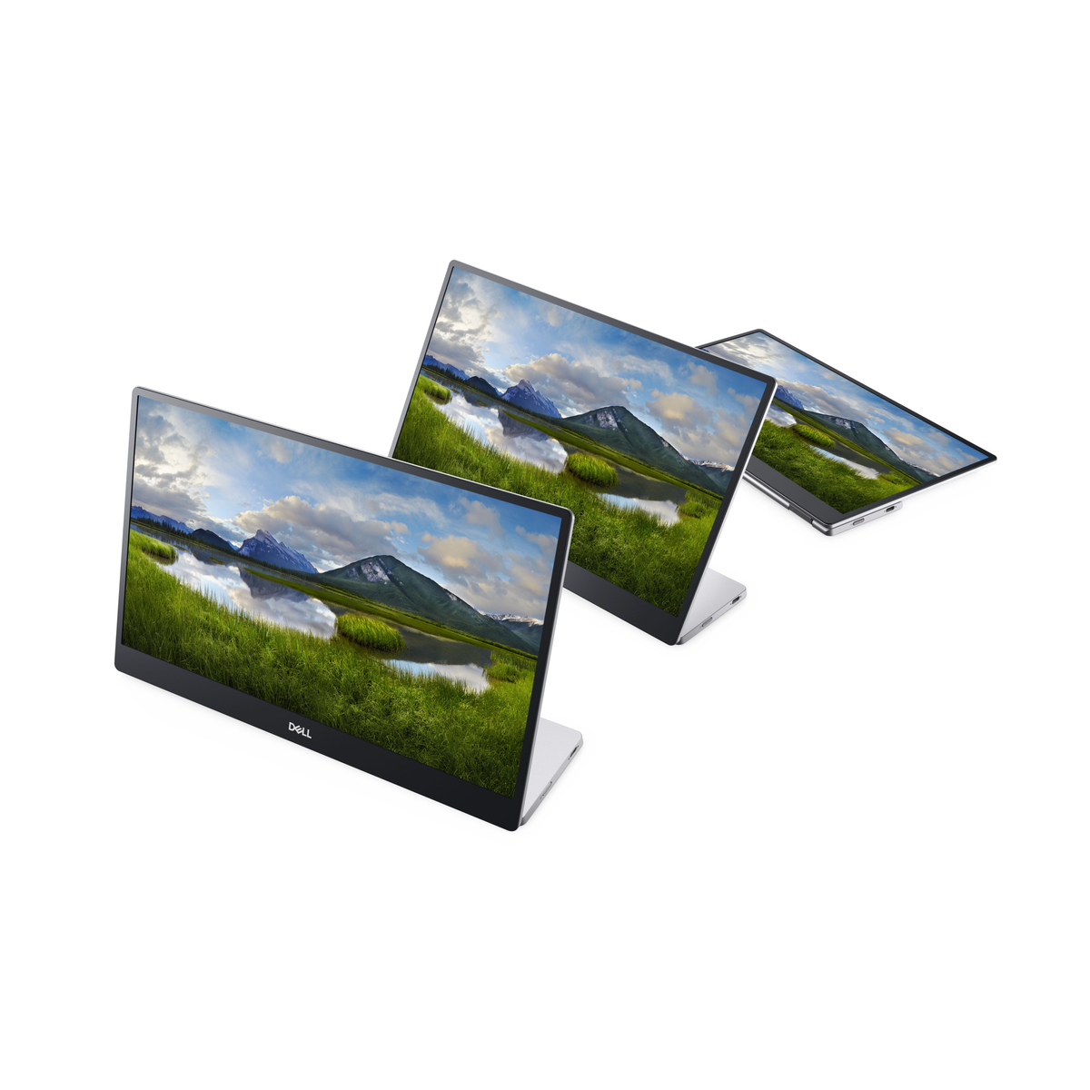 Trzy monitory pod kątem wyświetlające krajobrazy. Monitory są na białym tle.