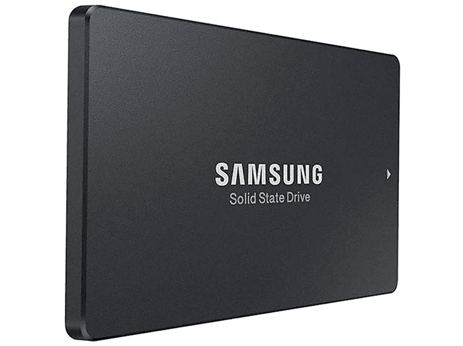 Czarny dysk SSD Samsung. Logo i tekst Samsung. Gładka czarna powierzchnia.