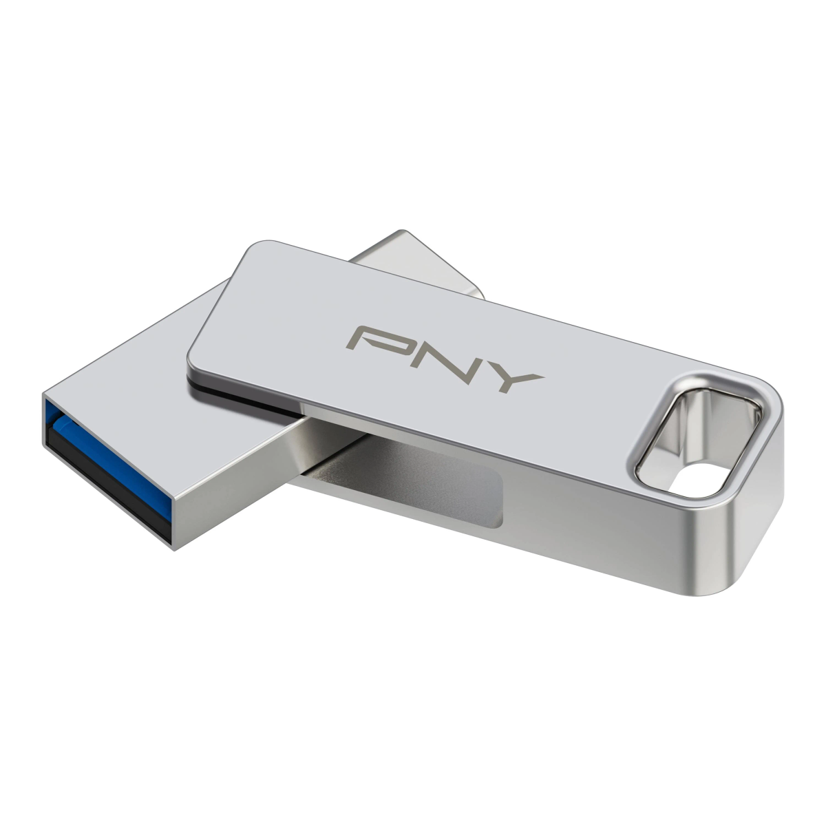 Srebrny pendrive PNY, z niebieską końcówką, leżący na białej powierzchni. Obecne jest logo PNY.
