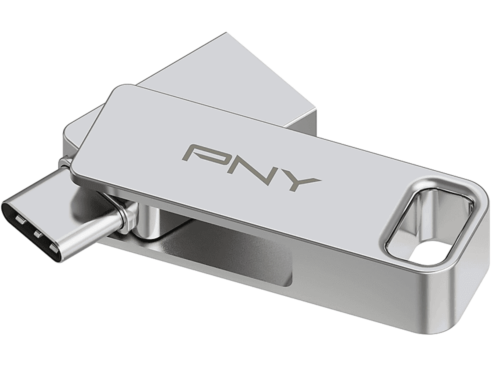 Srebrny pendrive PNY ze złączem USB-C, pod kątem. Logo PNY na napędzie.