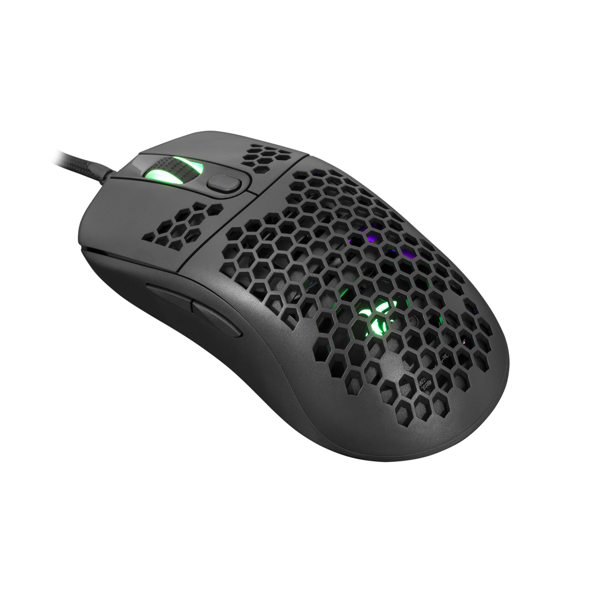 Mouse da gaming nero. Design a nido d'ape. Luci verdi e viola. Sfondo nero.