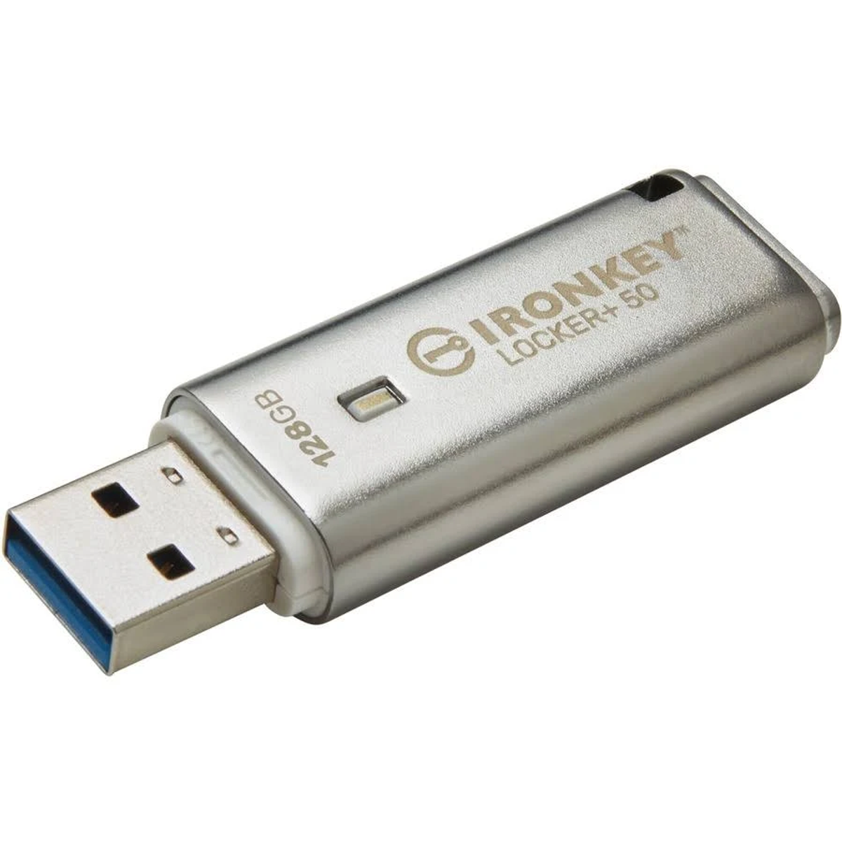 Srebrny pendrive USB z etykietą 'IRONKEY'.