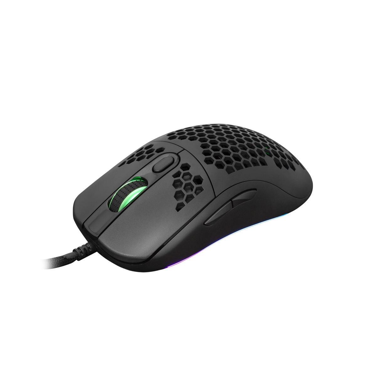 Mouse da gioco nero con design a nido d'ape, illuminazione RGB e cavo. Pulsanti laterali.