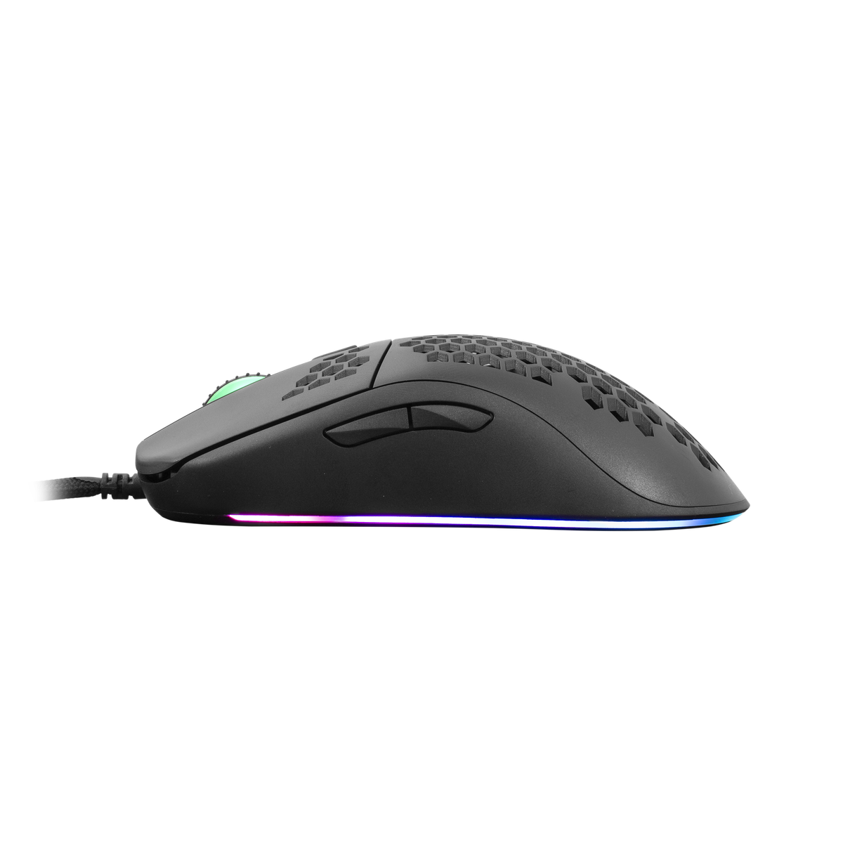 Un mouse da gioco nero. Ha un design a nido d'ape, pulsanti e una striscia luminosa colorata.
