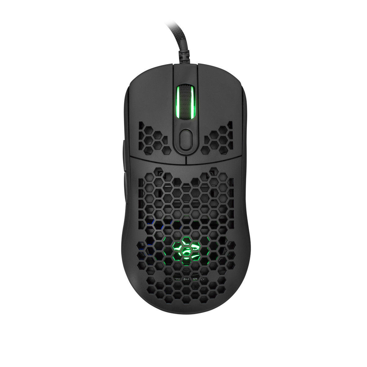Mouse da gaming nero con design a nido d'ape. Ha una luce verde e un cavo nero.