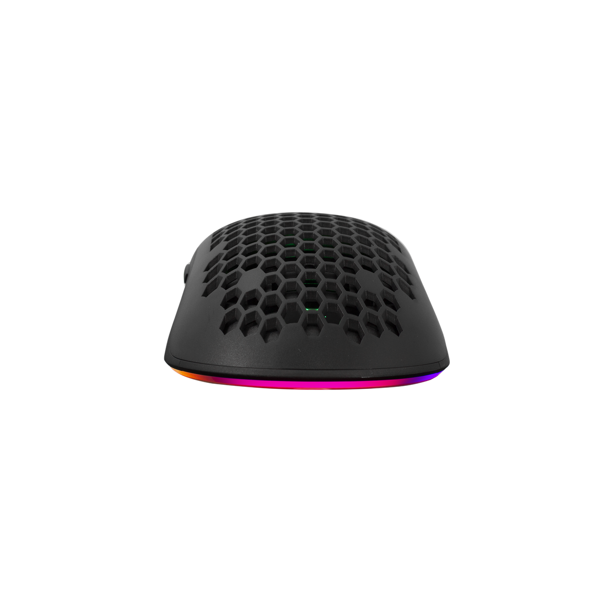 Mouse da gioco nero. Design superiore a nido d'ape. Striscia luminosa RGB sul bordo inferiore.