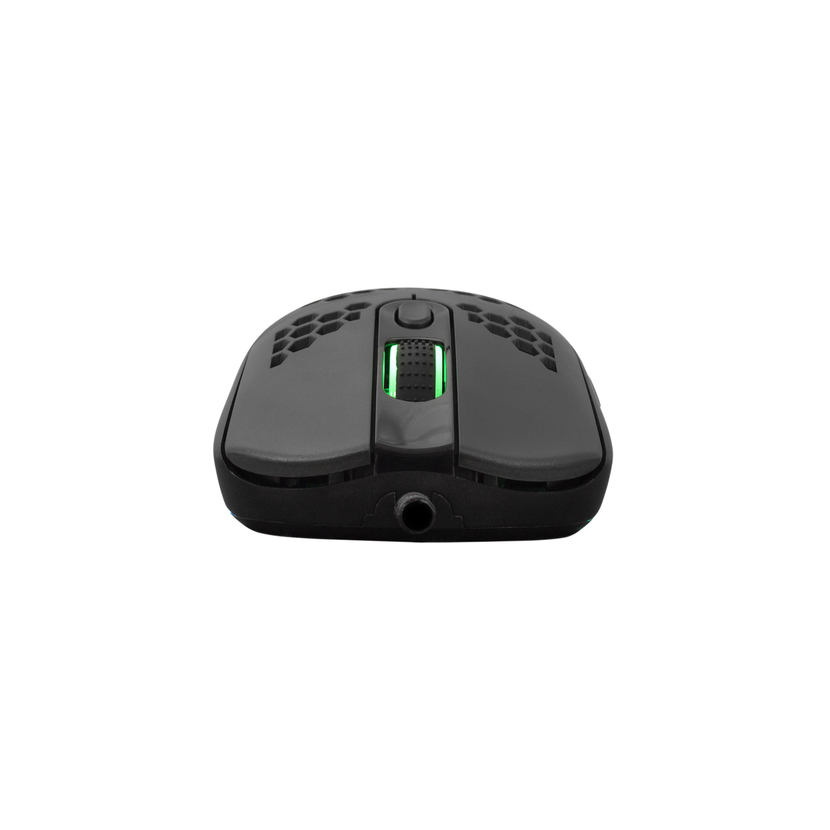 Un mouse da gioco nero, vista dall'alto, con rotella di scorrimento verde illuminata.