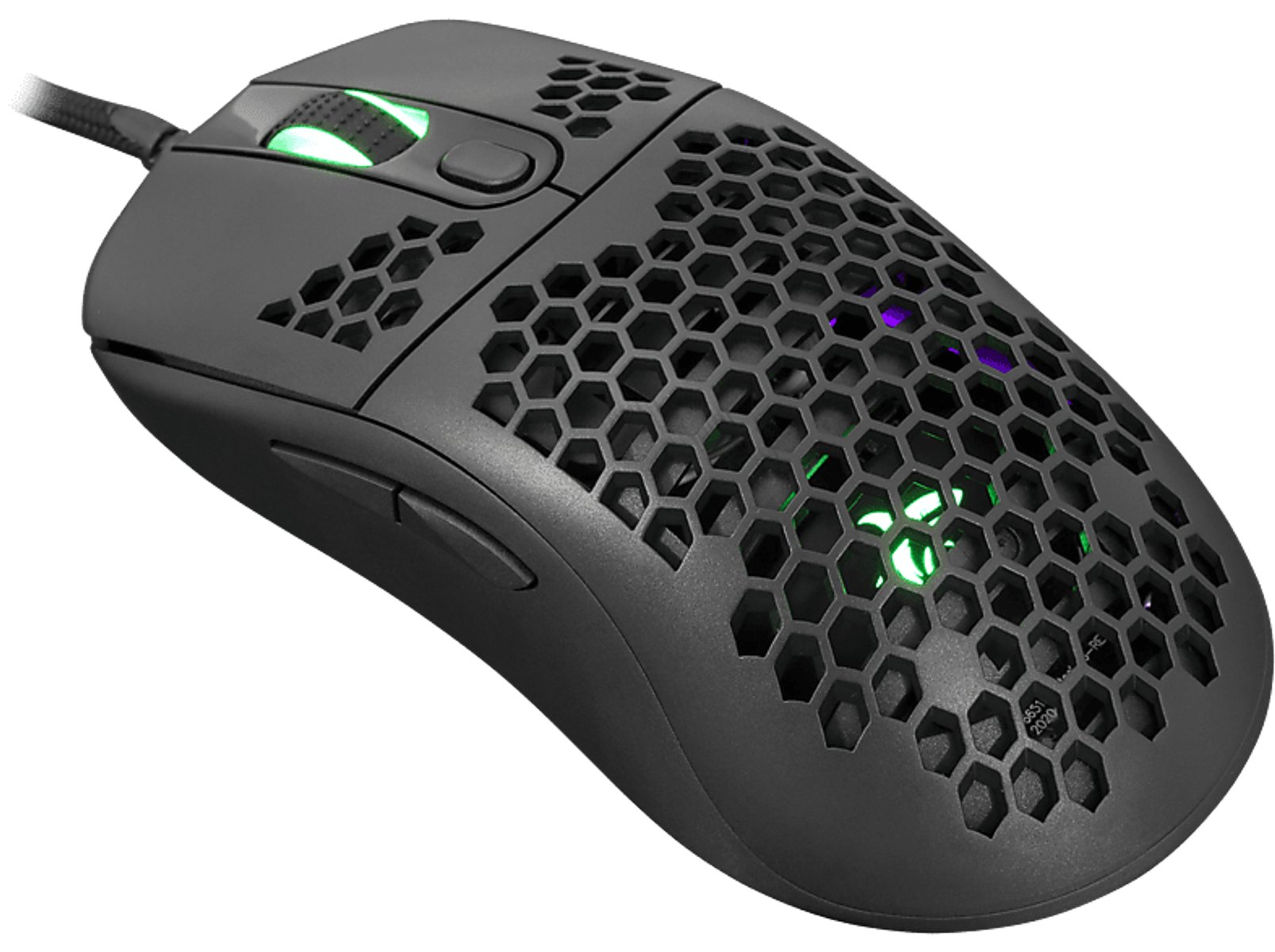 Mouse da gaming nero con design a nido d'ape e illuminazione. Sfondo nero.