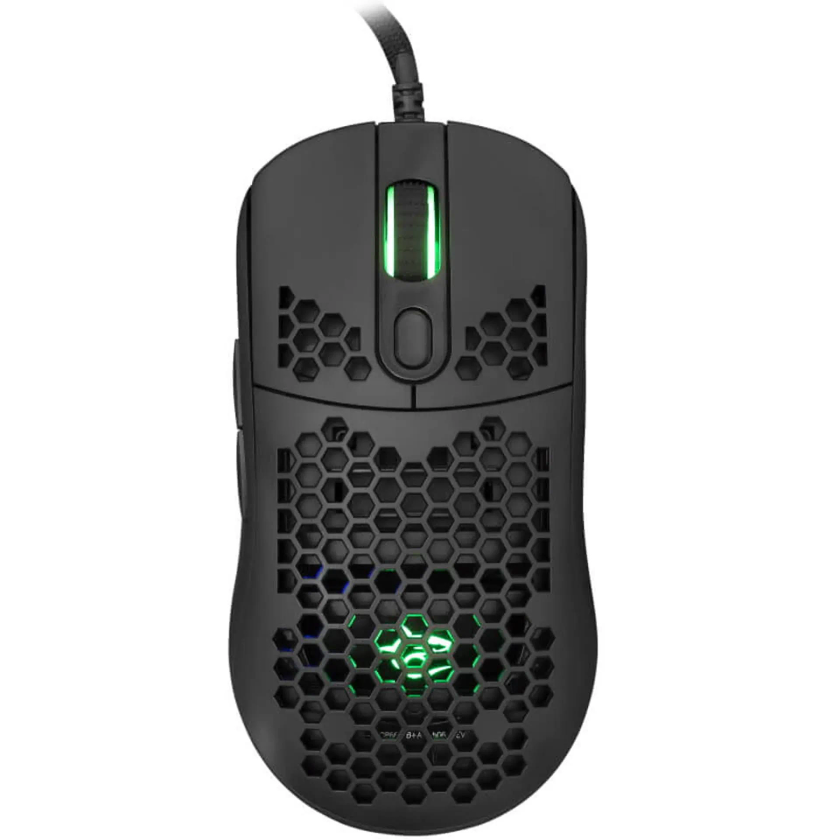 Mouse da gioco nero con un design a nido d'ape. È dotato di una rotella di scorrimento, pulsanti e un logo verde brillante.