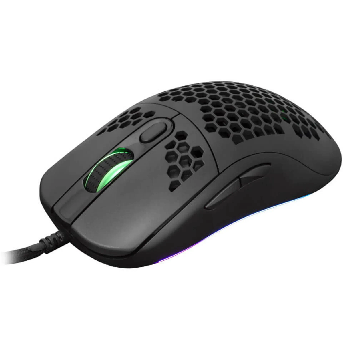 Un mouse da gioco nero con un motivo a nido d'ape e luci colorate.
