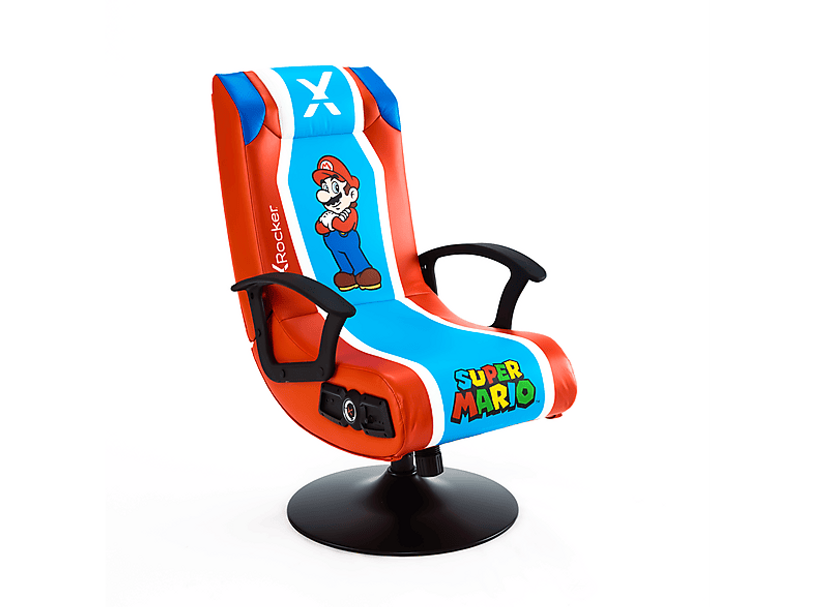Gaming-Stuhl mit Super Mario-Design und Mario auf der Rückenlehne.