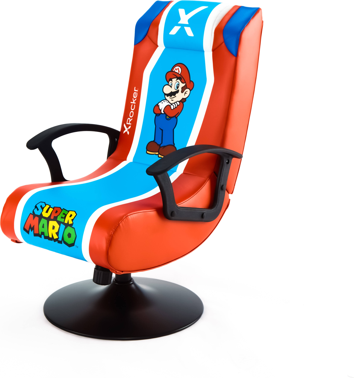 Ein Super Mario X Rocker Gaming-Stuhl. Er ist rot, blau und weiß, mit Mario darauf.