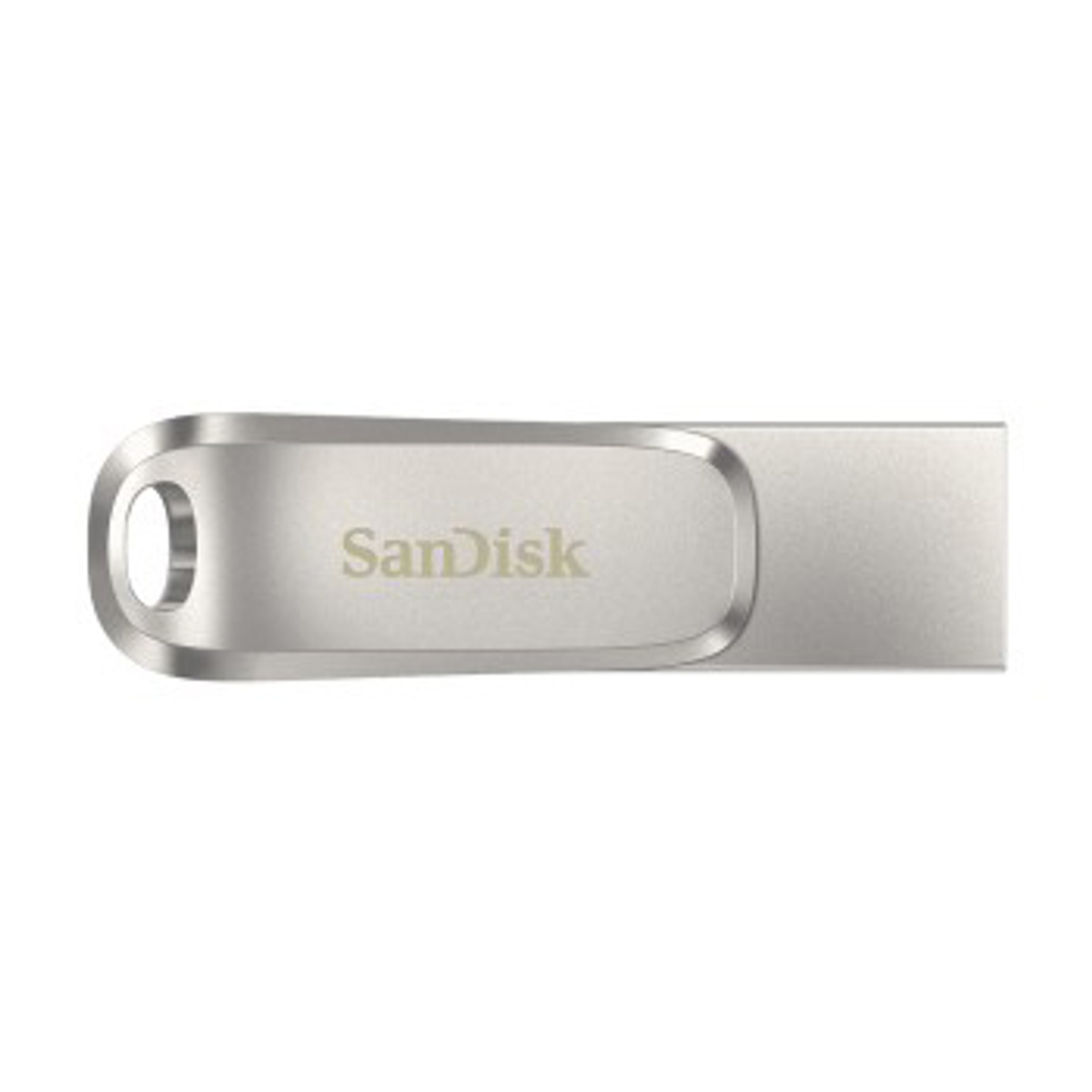 Srebrny pendrive USB Sandisk z logo Sandisk na białym tle, widok poziomy.