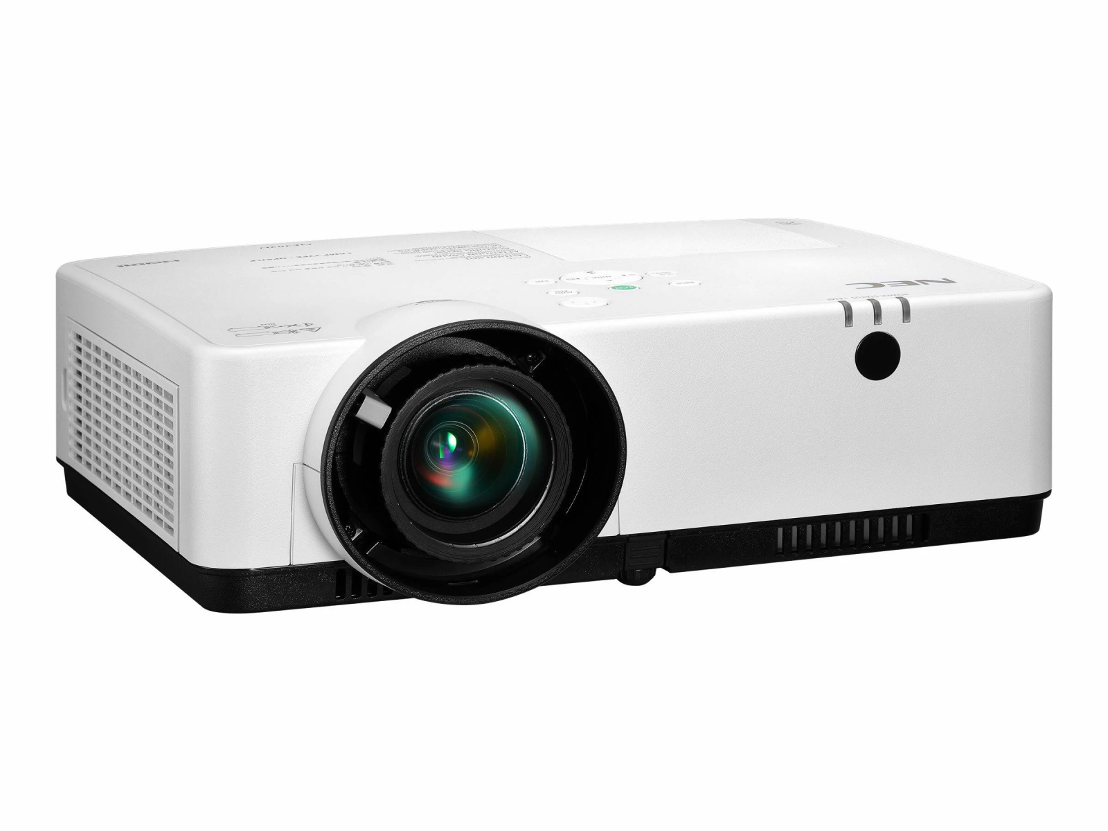 Biały projektor NEC z obiektywem, przyciskami i wentylacją.