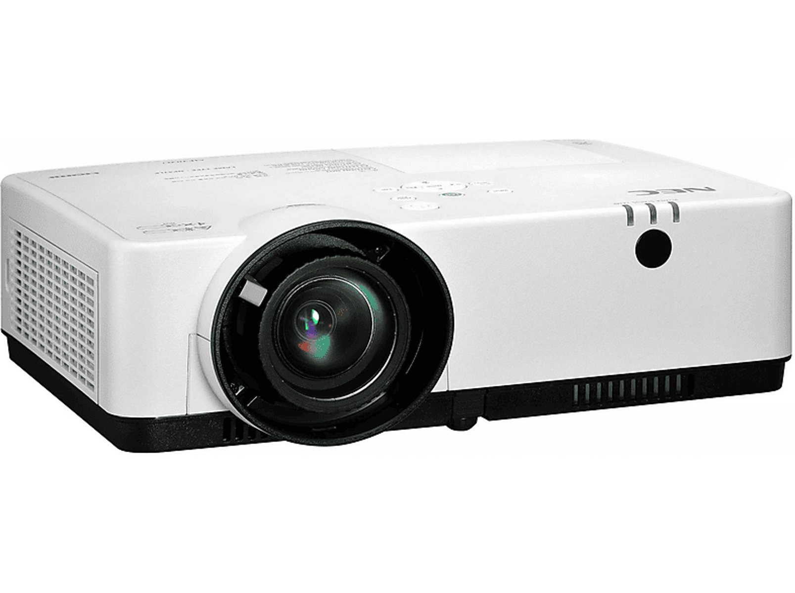 Biały projektor NEC, widoczny obiektyw, czarny otwór wentylacyjny, na białym tle.