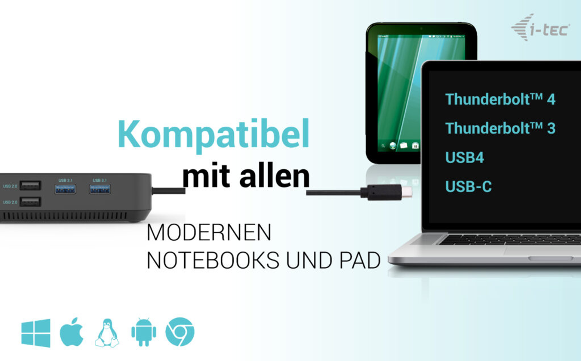 Ein schwarzer Hub verbindet sich mit Laptop und Tablet, Text zeigt Kompatibilität mit modernen Notebooks.
