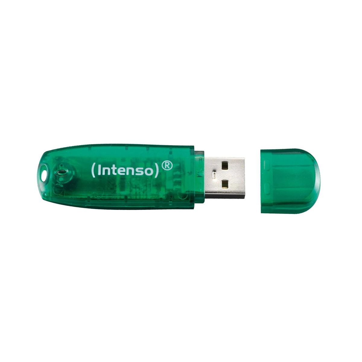 Zielony pendrive, otwarty. Dysk ma przezroczystą nasadkę i widoczne złącze USB.