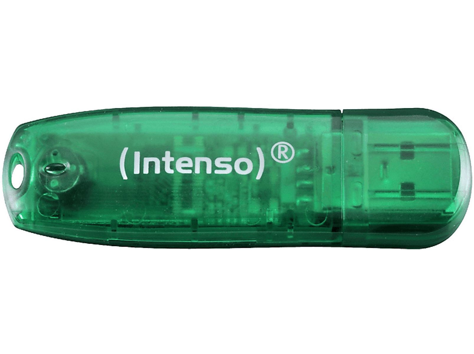 Zielony, przezroczysty pendrive USB z logo Intenso, pokazujący wewnętrzne komponenty.