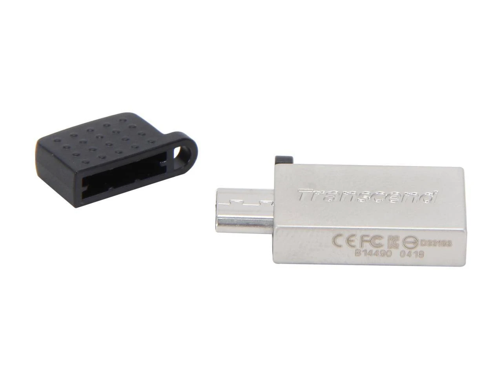 Ein silberner Transcend USB-Stick mit schwarzer Kappe daneben. Der Stick ist eingesteckt.