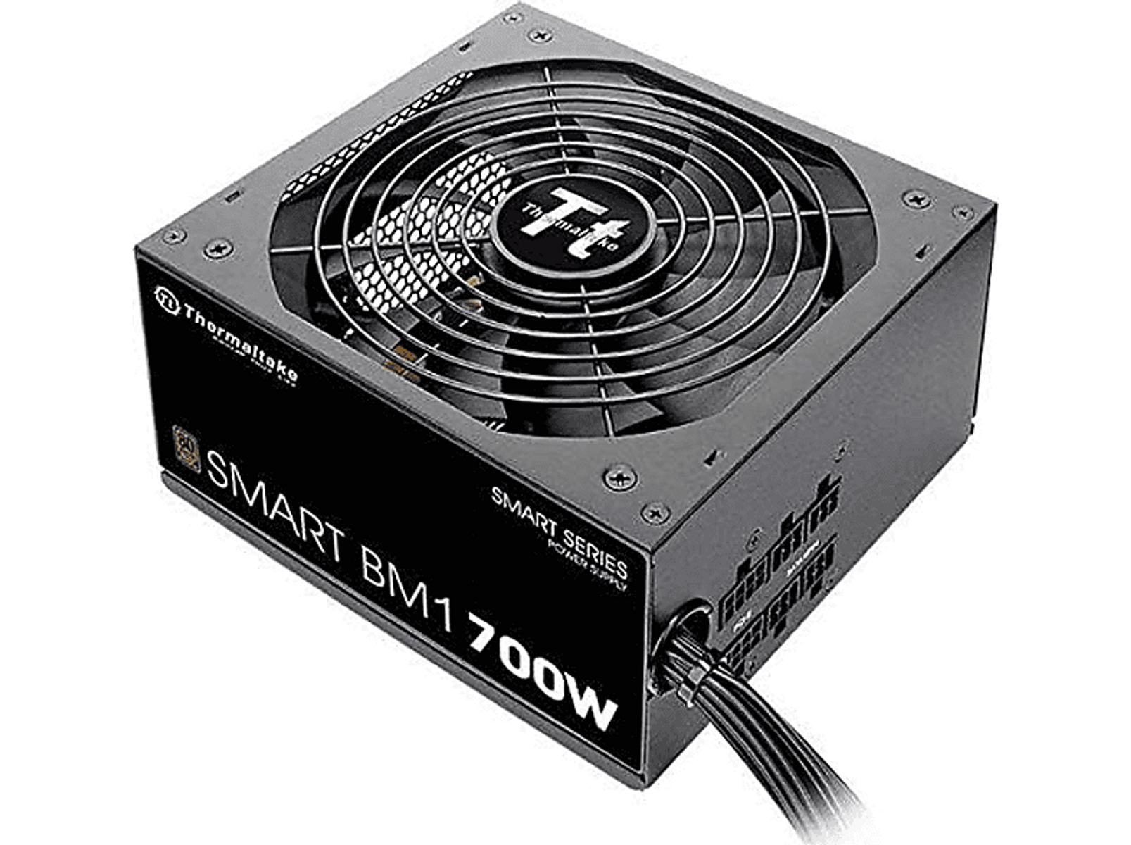 Un alimentatore per computer nero con ventola e un'iscrizione che dice SMART BM1 700W.