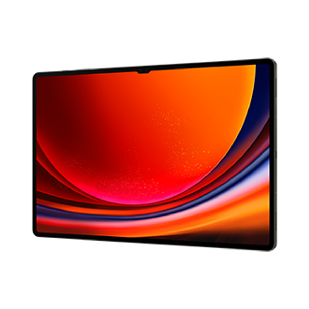 Ein Tablet mit einem leuchtenden orange-roten Display vor einem schwarzen Rahmen.