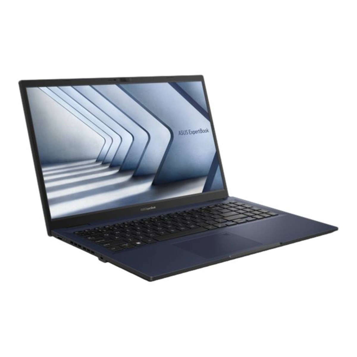 Niebieski laptop ASUS ExpertBook otwarty na białej powierzchni. Posiada klawiaturę i ekran. Tło jest rozmyte.