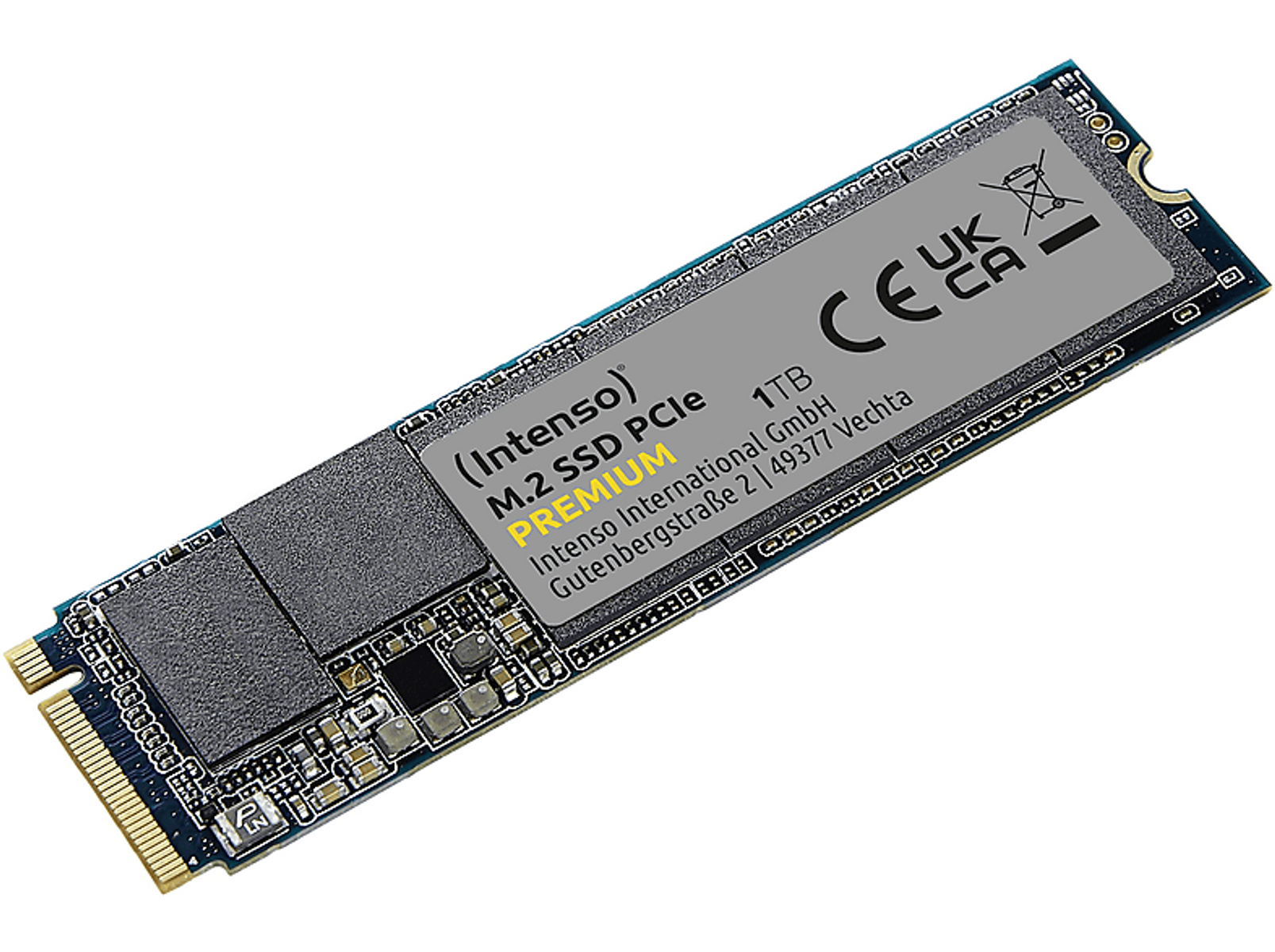 M.2 SSD PCIe 1TB z etykietą, marką i niektórymi komponentami.