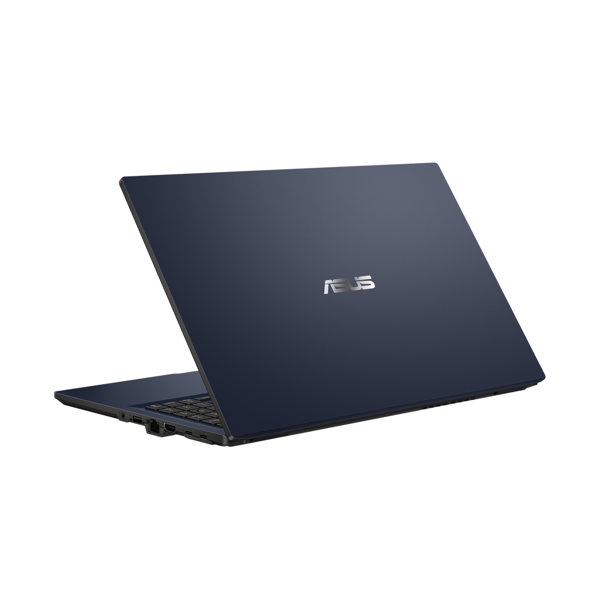 Niebieski laptop ASUS, zamknięty, pokazujący tył z logo ASUS.