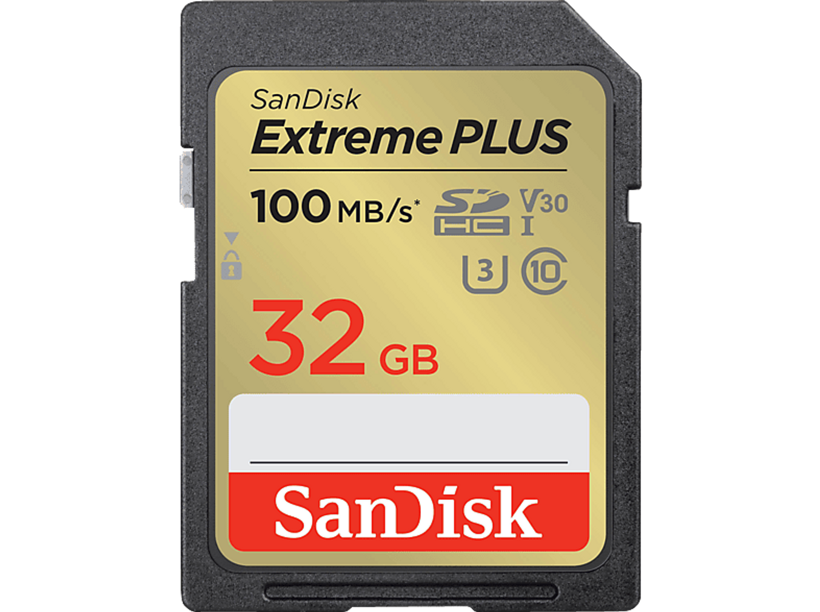 SanDisk Extreme PLUS 32GB SD-Karte. Gold- und Schwarz-Design, Produktdetails sichtbar.