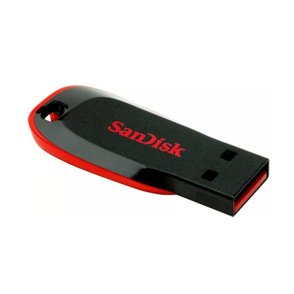 Red and black USB drive on white background.