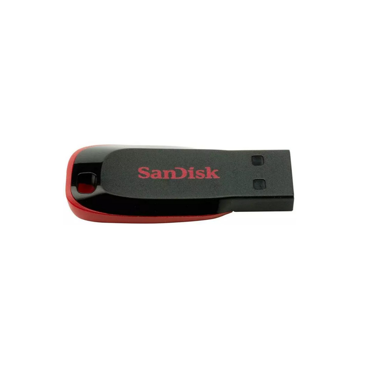 Black and red Sandisk USB drive, with the Sandisk logo visible.