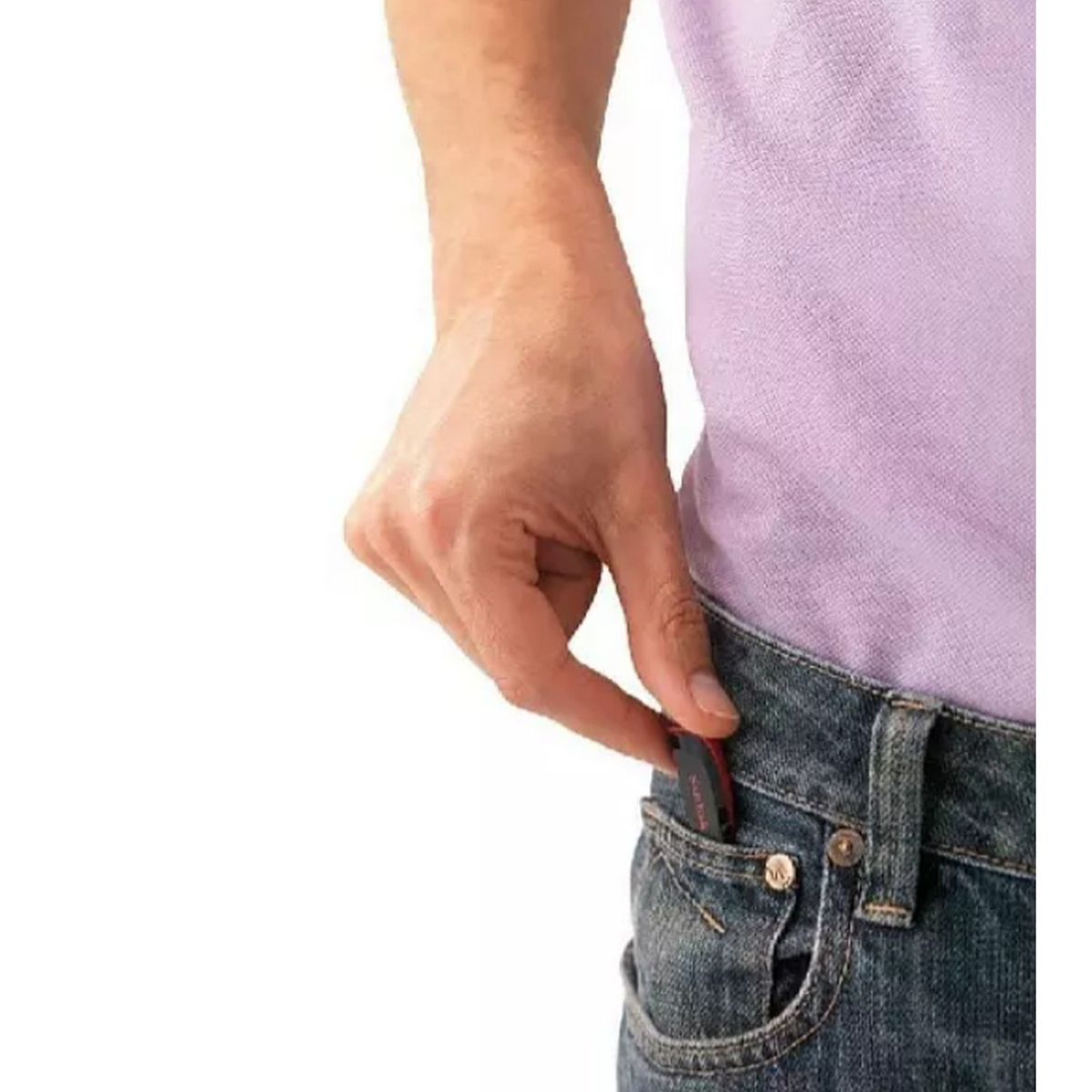 A hand putting a black and red USB drive into a jeans pocket.