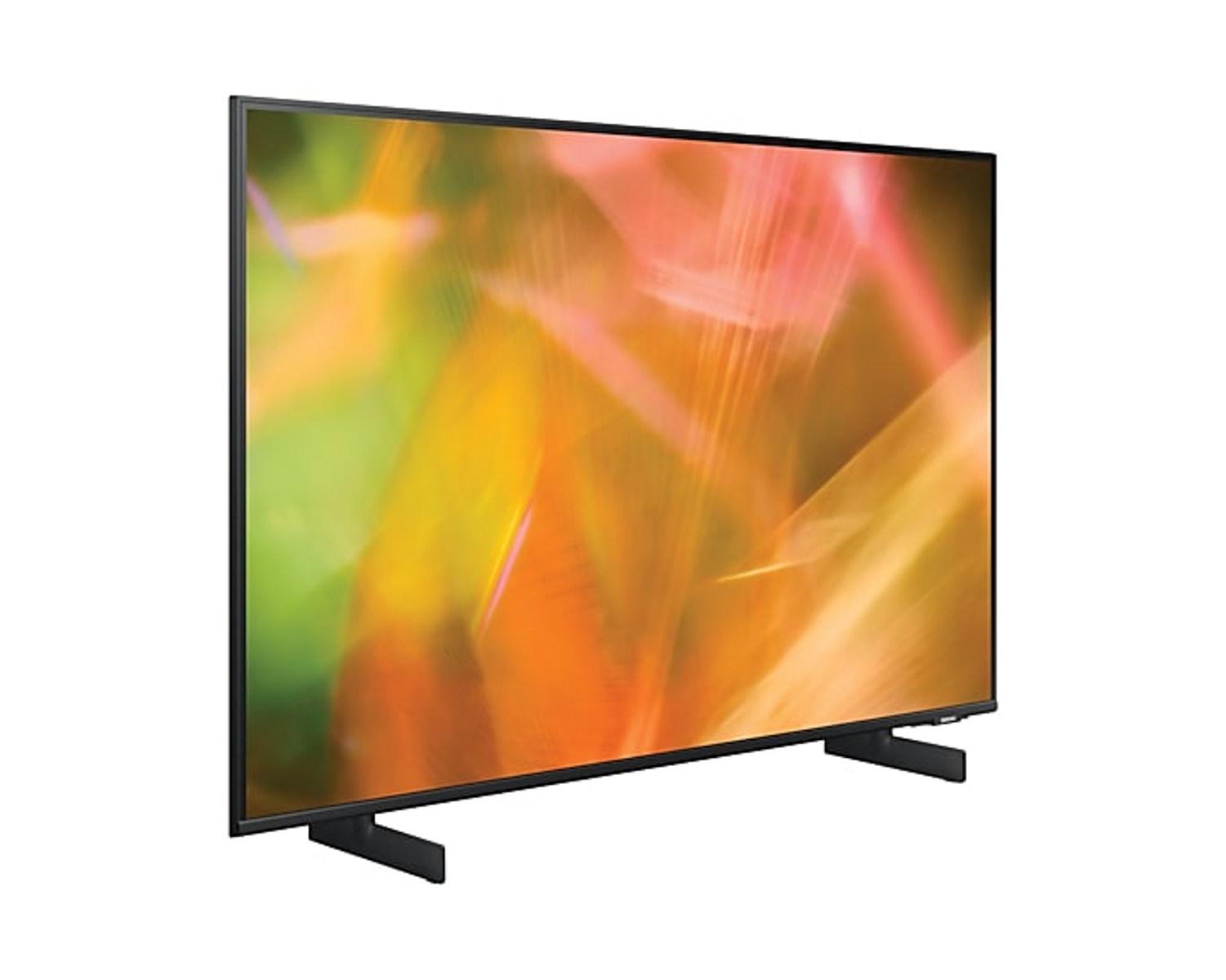 Telewizor Samsung, lekko pochylony, wyświetlający kolorowy, abstrakcyjny obraz.