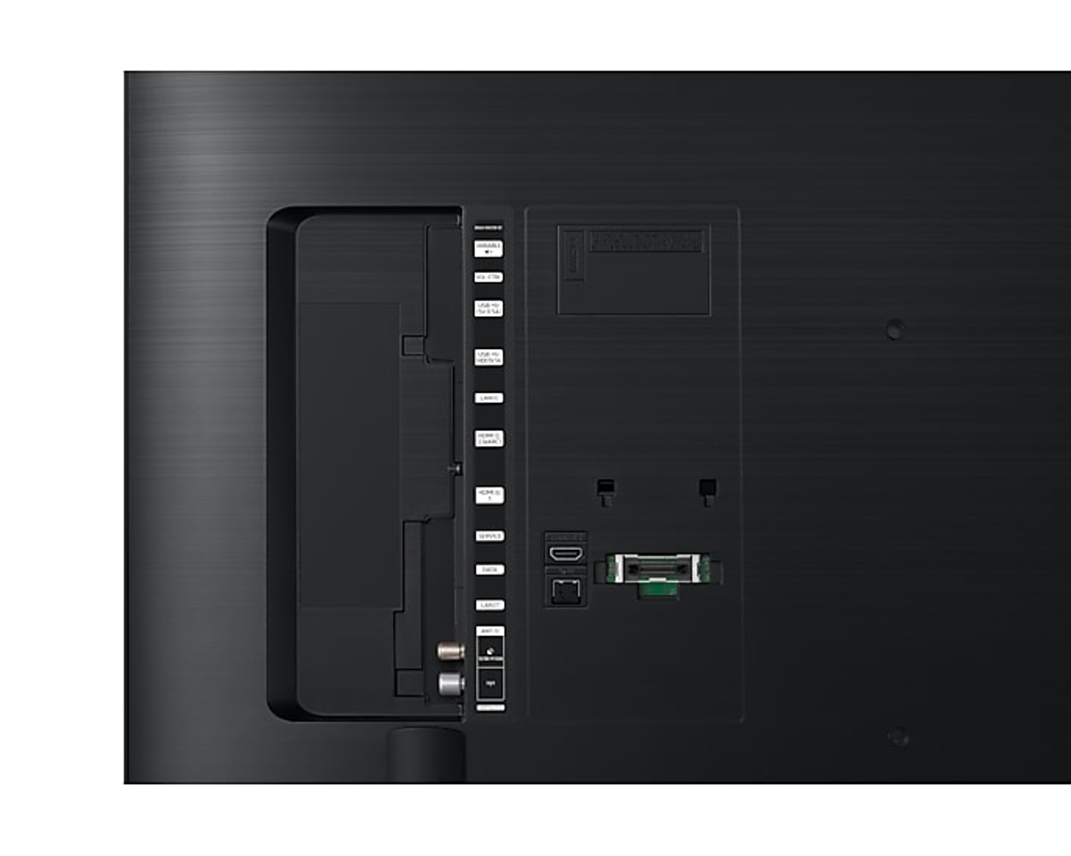 Czarny panel tylny telewizora z portami. Posiada HDMI, USB i inne wejścia połączeniowe.