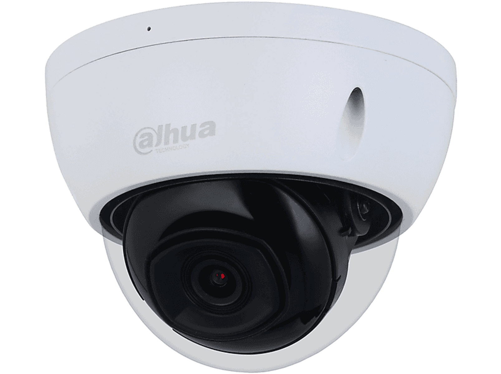 Witte beveiligingscamera met een zwarte lenskoepel, met een 'Alhua Technology'-logo.