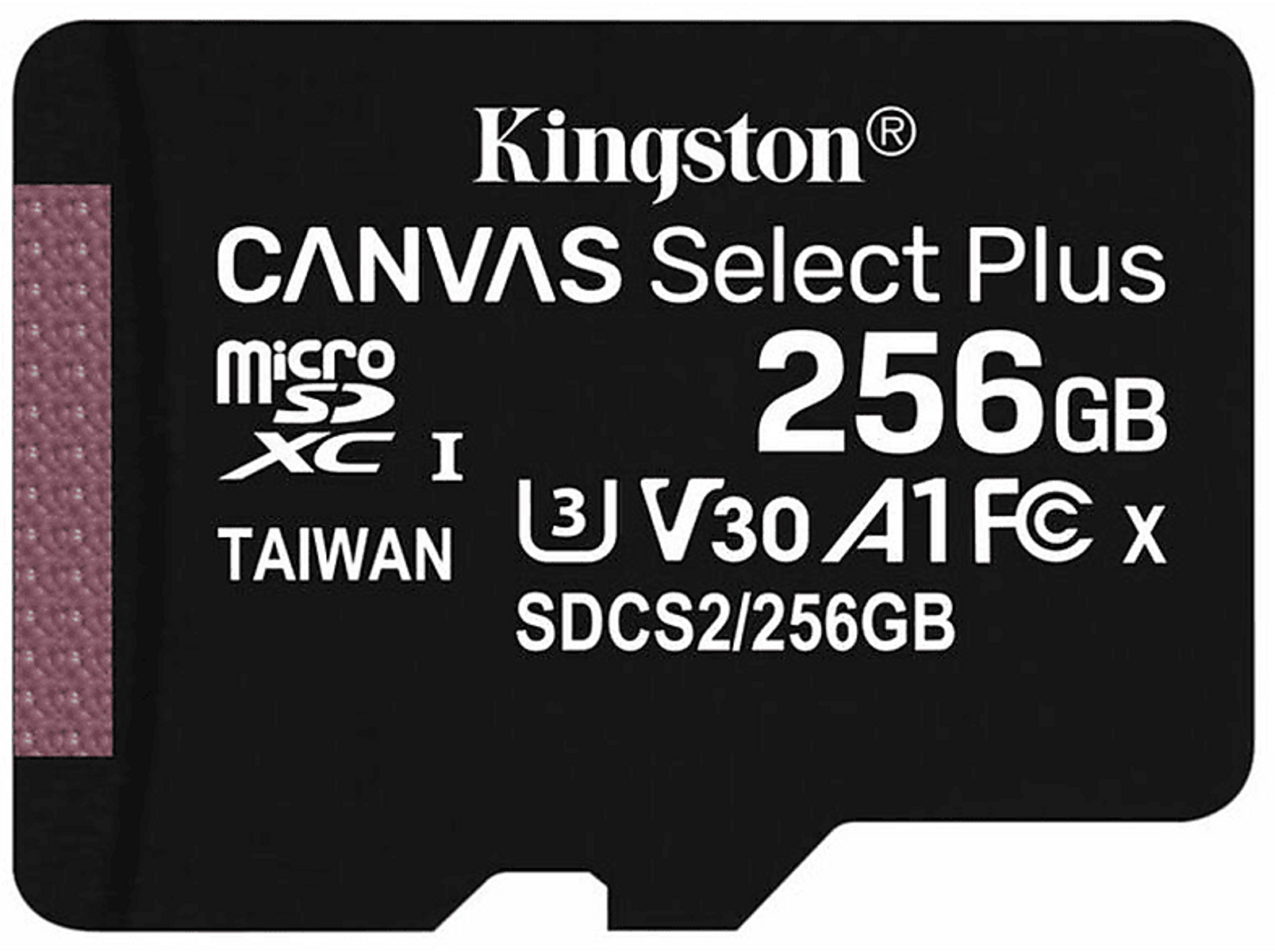 Schwarze und pinke Kingston microSD-Karte. Die Karte hat Text, der Speicher und Marke angibt.