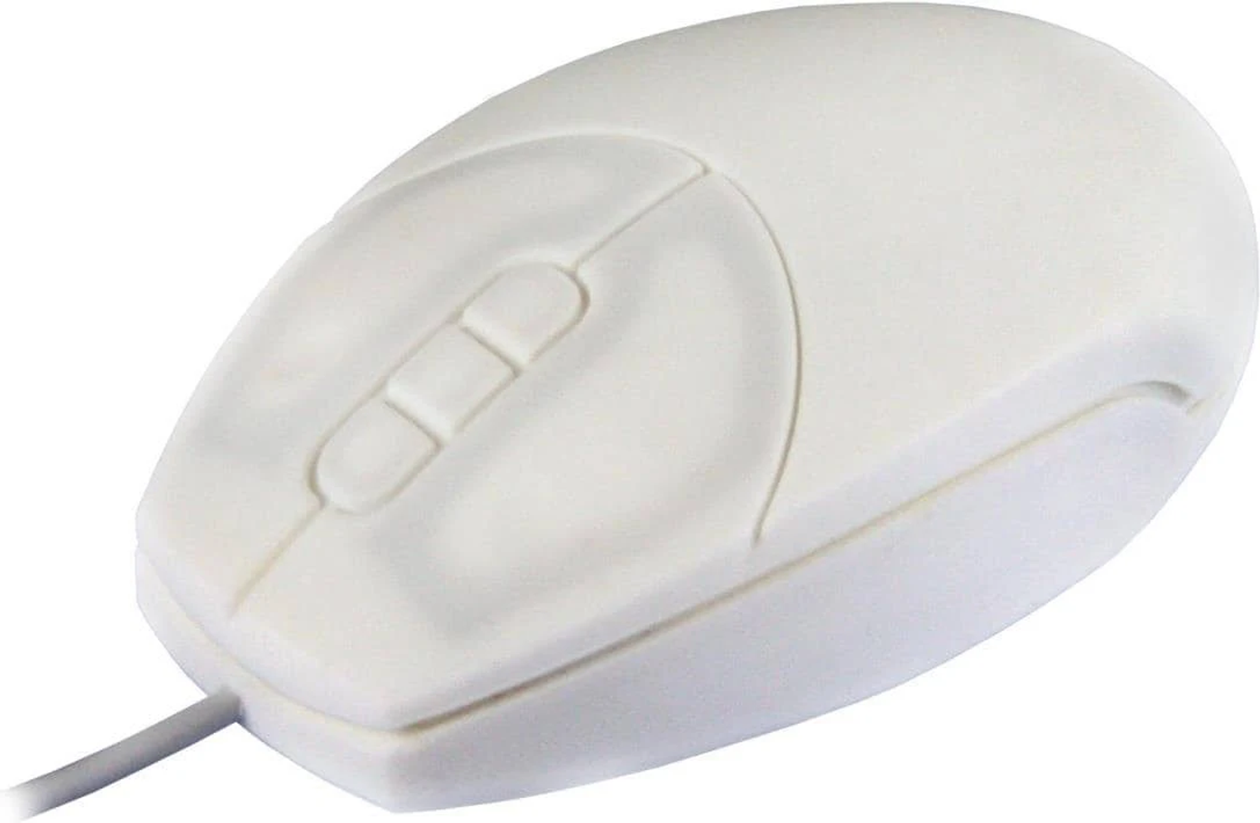 Ratón de ordenador blanco con tres botones y un cable. Diseño simple y ergonómico.