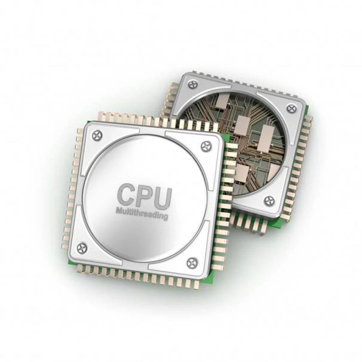 Zwei CPUs mit dem Text "CPU Multithreading". Metallisch silberne Farbe. Weißer Hintergrund.