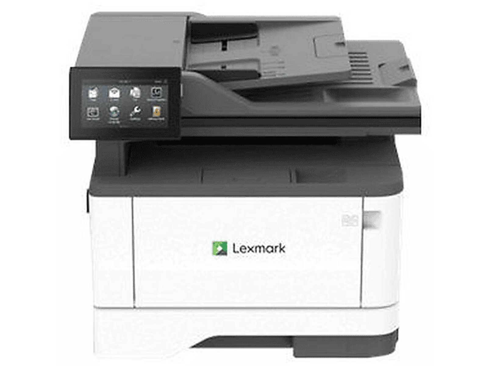 Drukarka Lexmark. Czarno-biała, z interfejsem dotykowym. Logo Lexmark z przodu.
